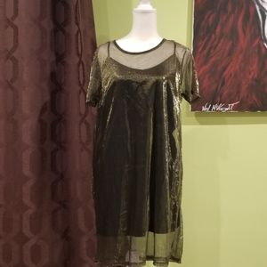 Black Mini Dress With Gold Shimmer Sheer Overlay